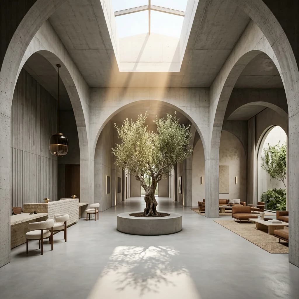 Minimalist Luxury Lobby with Olive Tree